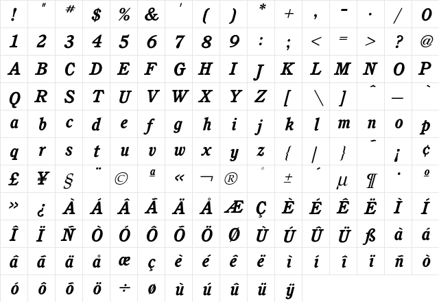 Cushing BoldItalic  glyph index
