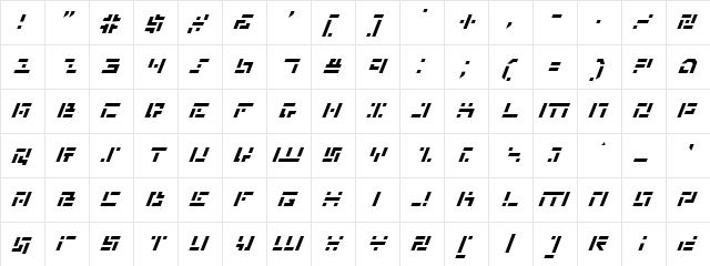 Missile Man Italic Italic  glyph index
