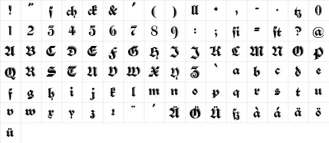 Schwabach Deko Regular  glyph index
