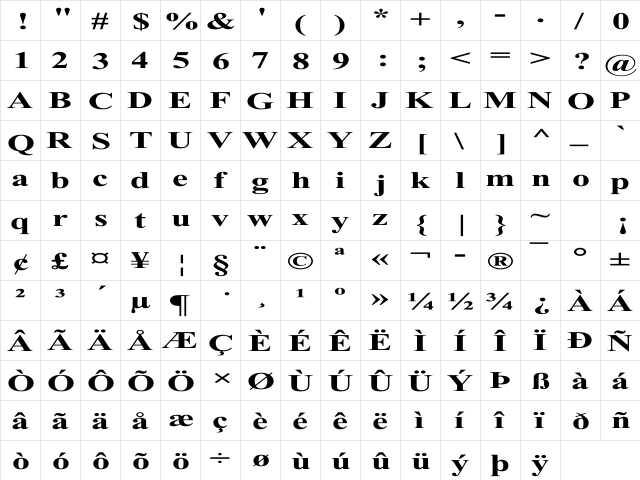 Times Roman Ex bold Bold  glyph index
