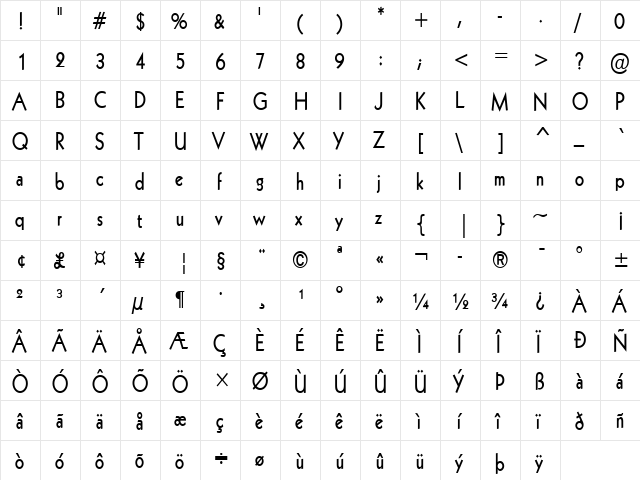 Geo 112-Condensed Bold  glyph index