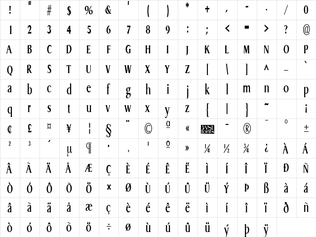 GriffonCondensed Bold  glyph index