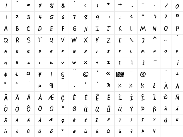 BrucesHand Bold  glyph index