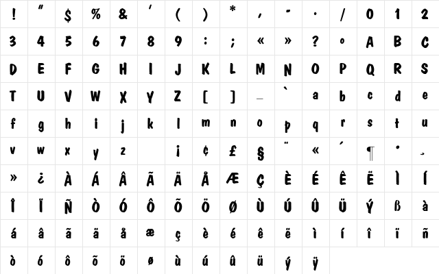 DomCasual-Bold Regular  glyph index