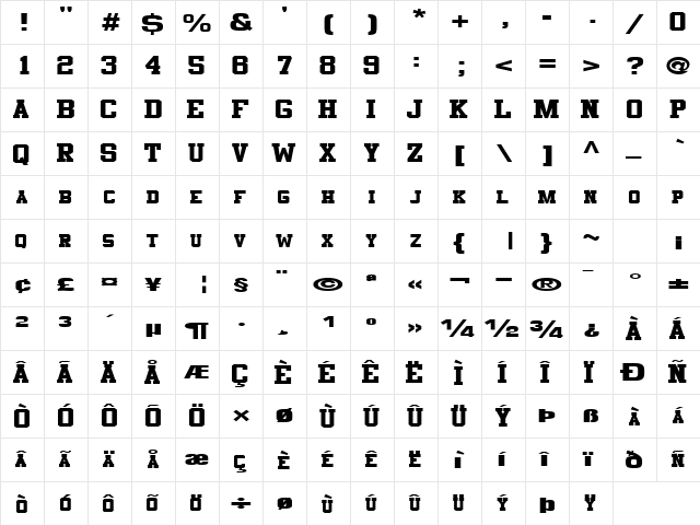 CosmicFlushText8 Regular  glyph index