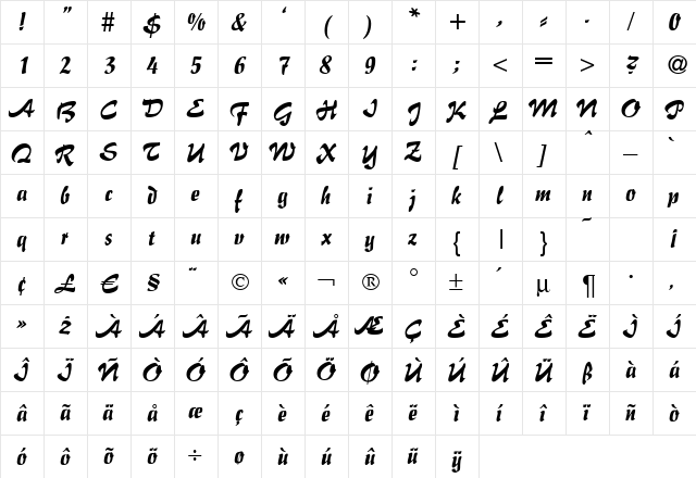 I770-Script Regular  glyph index
