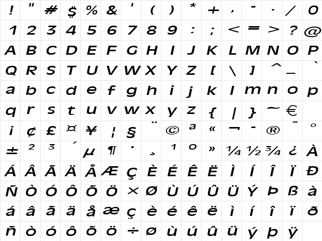 Antiqua101Extended Italic  glyph index