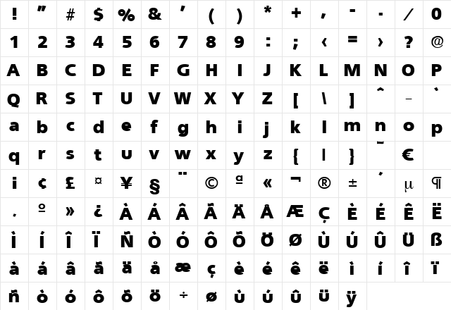 Quebec-Heavy Regular  glyph index