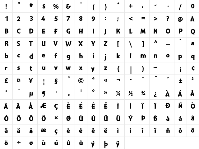 Montara Bold Gothic  glyph index