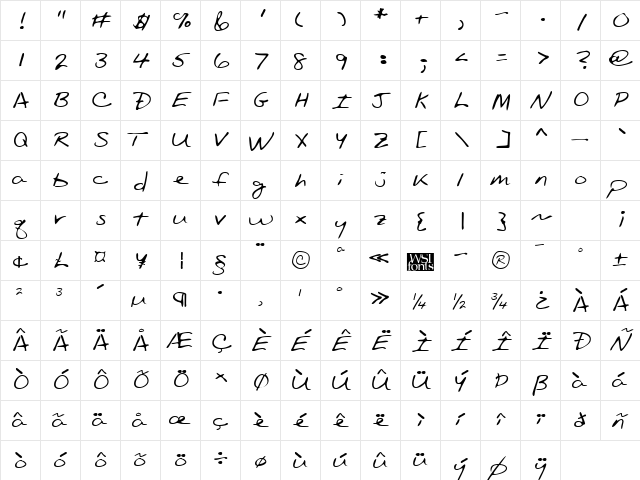 EvansHand Regular  glyph index