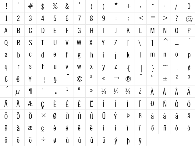 News Gothic Condensed  glyph index