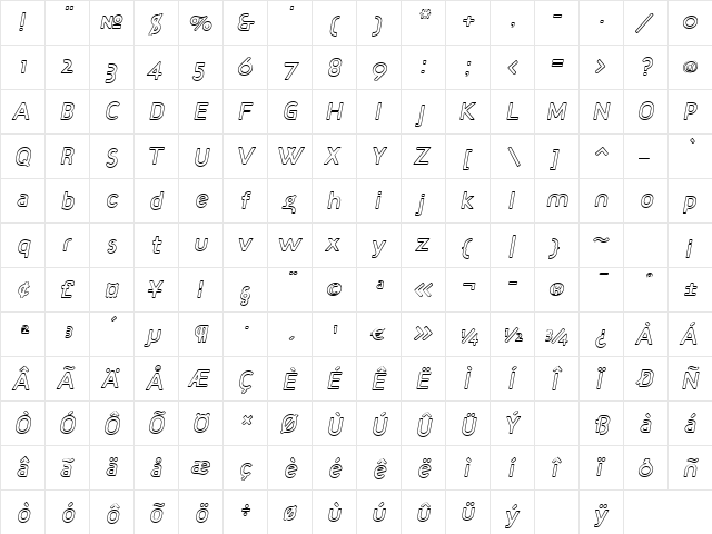 TargetOpenItalic Regular  glyph index