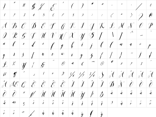 Romantis momen Regular  glyph index