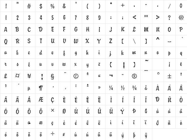 DTCBrodyM29 Regular  glyph index