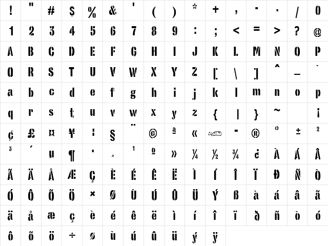 StencilSans normal  glyph index