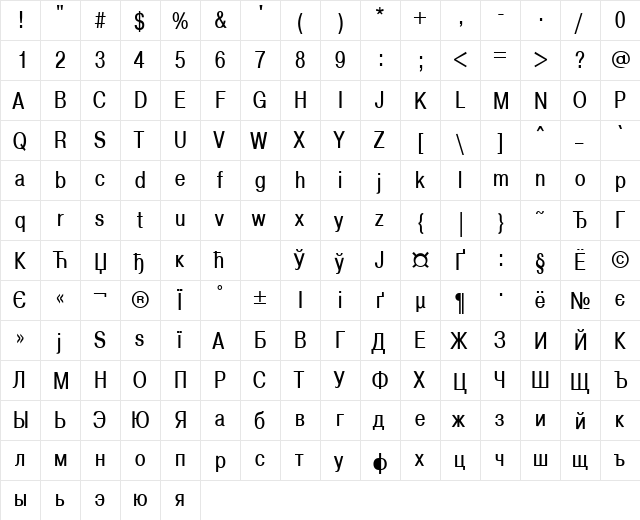PragmaticaCondC Normal  glyph index