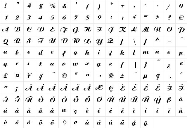 Oscar Regular  glyph index