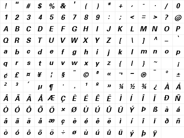 NovaSSK Bold Italic  glyph index