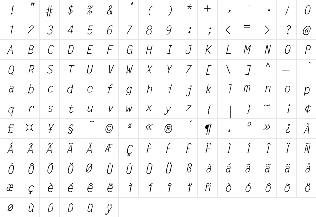 Krosky Italic 1 Regular  glyph index