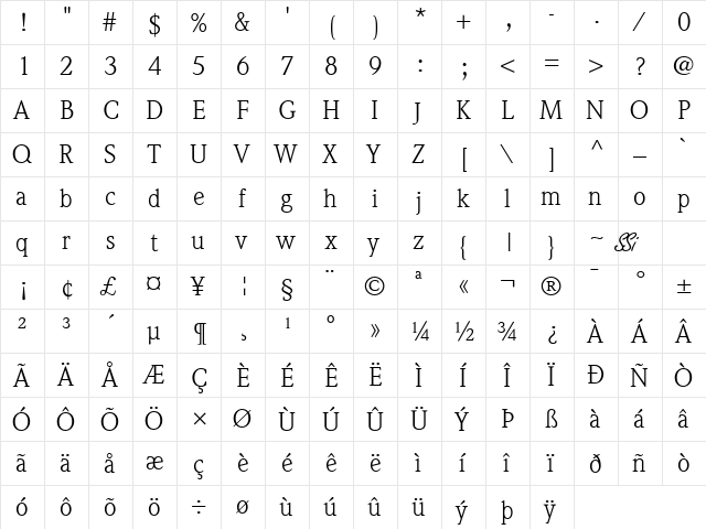 Quintessence SSi Regular  glyph index
