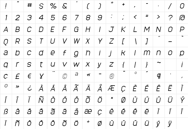 MonarkLight Oblique Regular  glyph index