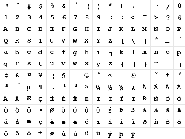 CourierSH Bold  glyph index