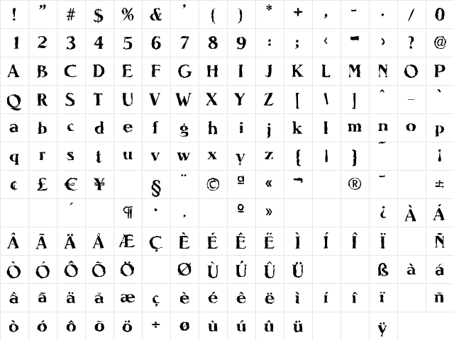 NevadaRandom Bold  glyph index