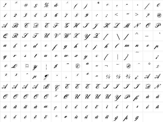 QuadrilleScriptSSK Bold  glyph index