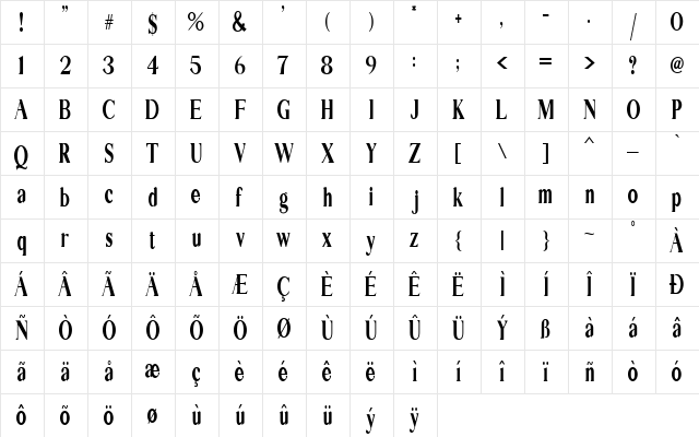 EXTRA Serif Regular  glyph index