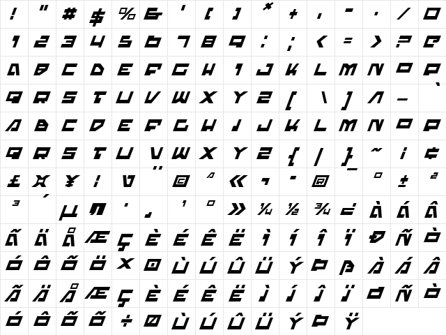 Trajia Italic Italic  glyph index