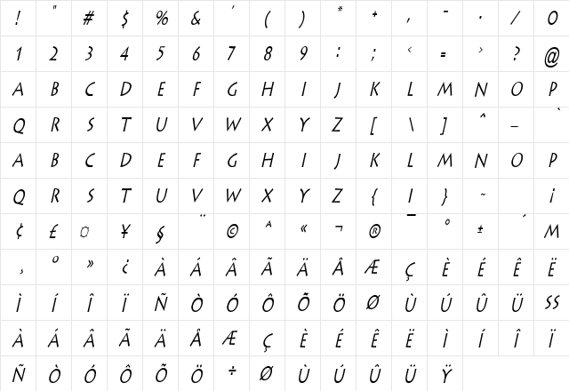 Liste Thin Italic  glyph index