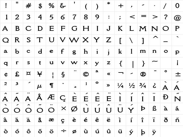 Rory Wide Bold  glyph index