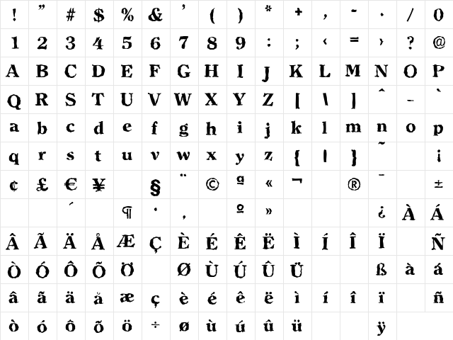 ClearfaceRandom-Xbold Regular  glyph index