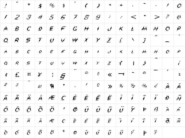 Shock Bold  glyph index
