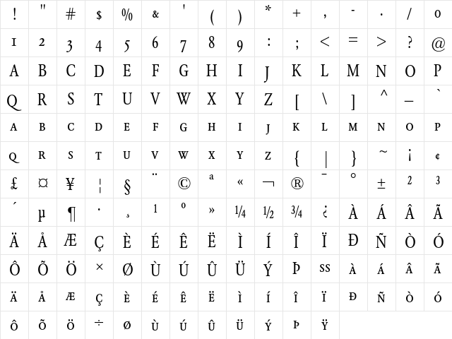 Garamond BE Condensed Small Caps & Oldstyle Figures  glyph index