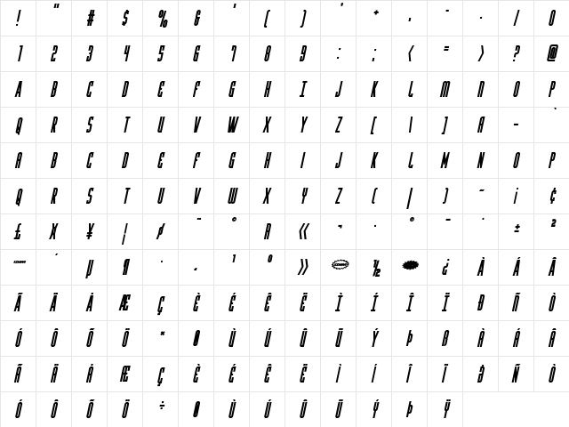 Y-Files Bold Italic Bold Italic  glyph index