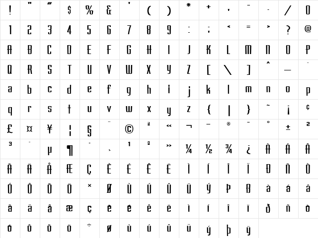 Mingo Regular  glyph index