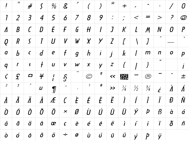 ArcaneBroad Italic  glyph index