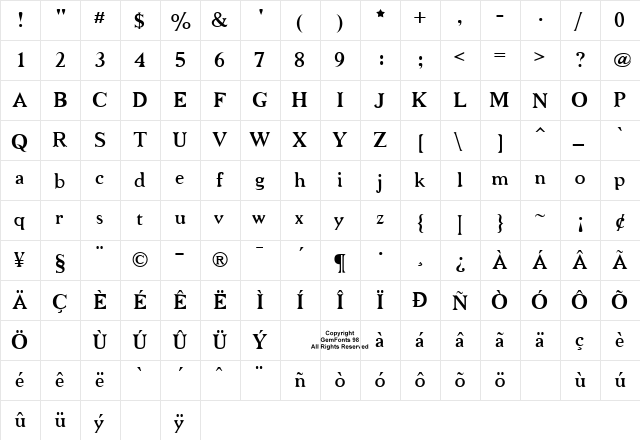 Niew CroMagnon Regular  glyph index