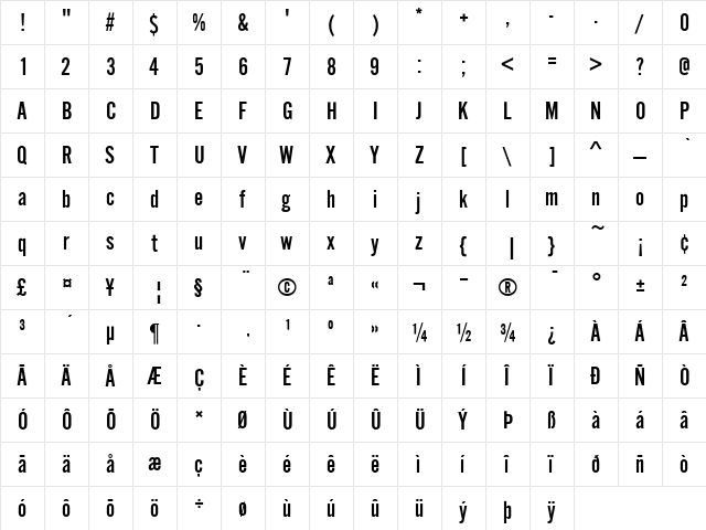 Alternate Gothic No2 D Regular  glyph index