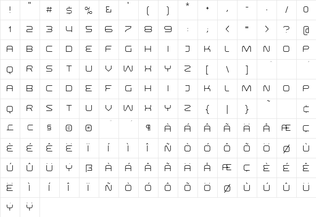 SwiszThin Regular  glyph index