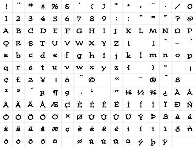 WesternPressExpandedSSK Bold  glyph index