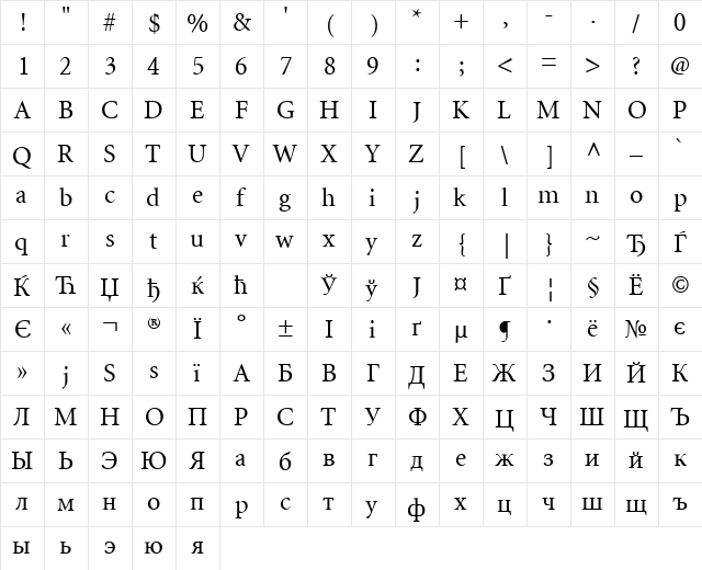 Minion Cyrillic Regular  glyph index