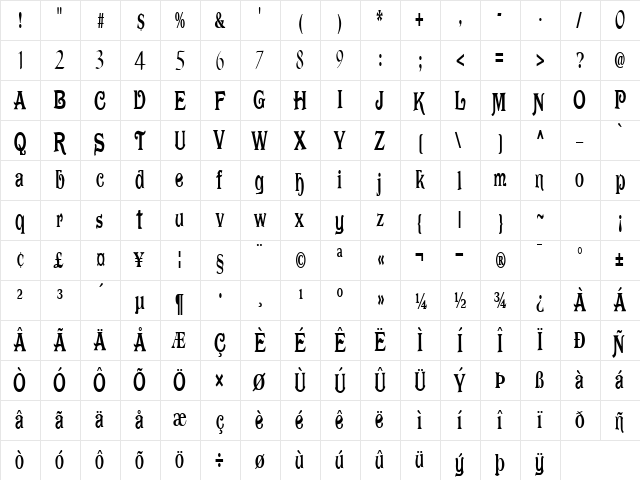 Dark Regular  glyph index