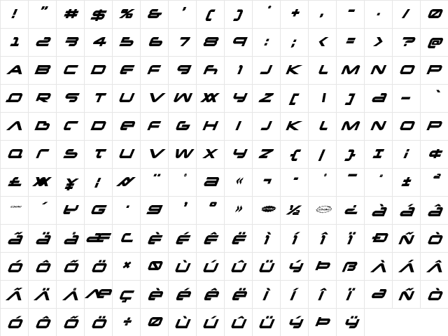 New Mars Italic Italic  glyph index