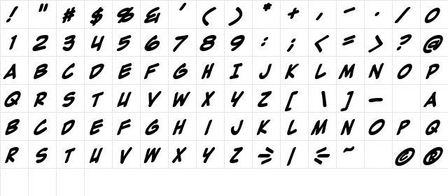 Zap Raygun V2.0 Bold  glyph index