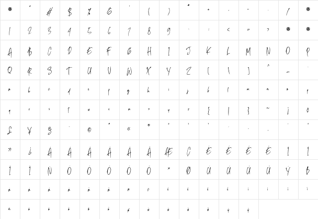 Ballpoint Rush Regular  glyph index