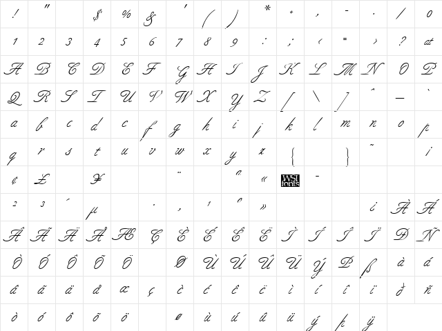 Allure Script Regular  glyph index