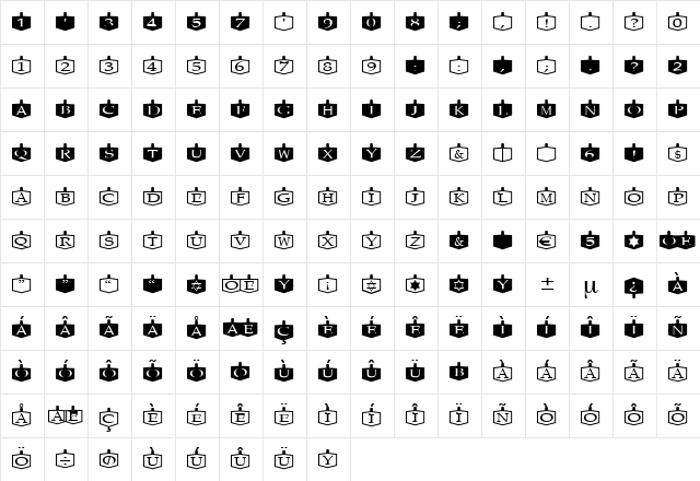 Etikette Regular  glyph index