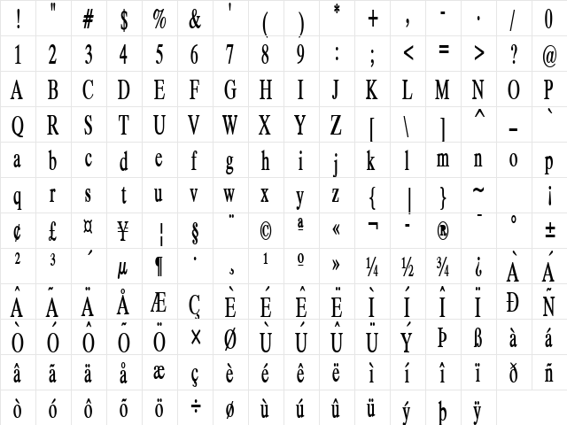 Duke Thin Bold  glyph index